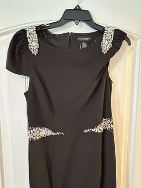 Cachet Black Midi Dress with Crystal Shoulder and Waist Embellishments size 6
